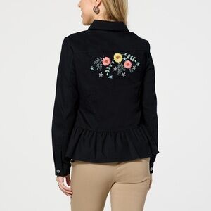 Nina Leonard Black Peplum Jacket with Floral Embroidery